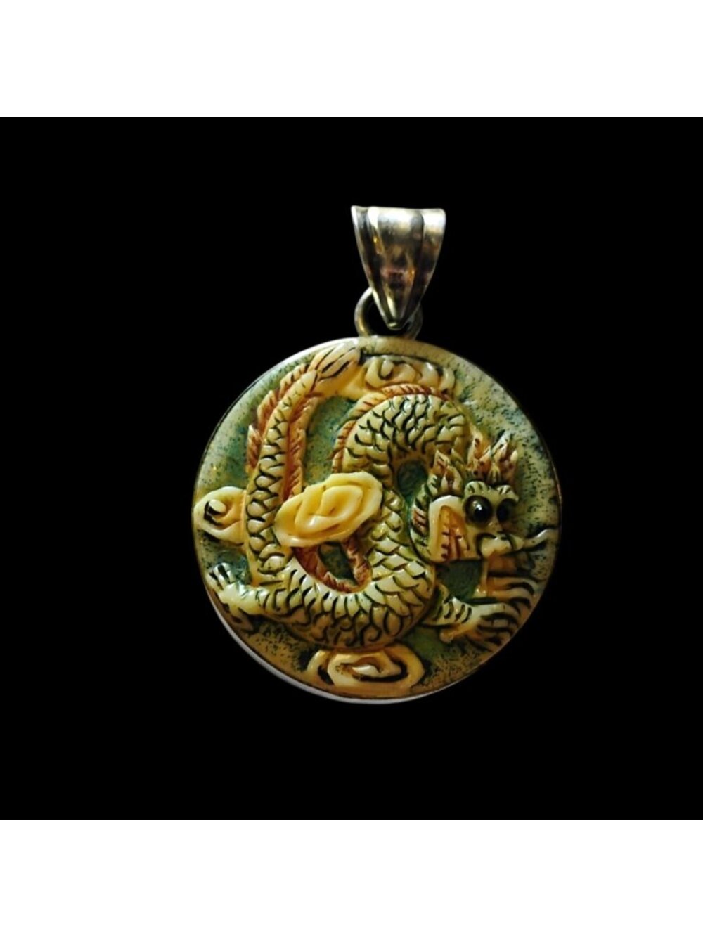 Vintage Chinese Hand Carved Bovine Bone Dragon Pendant Round Colorful
